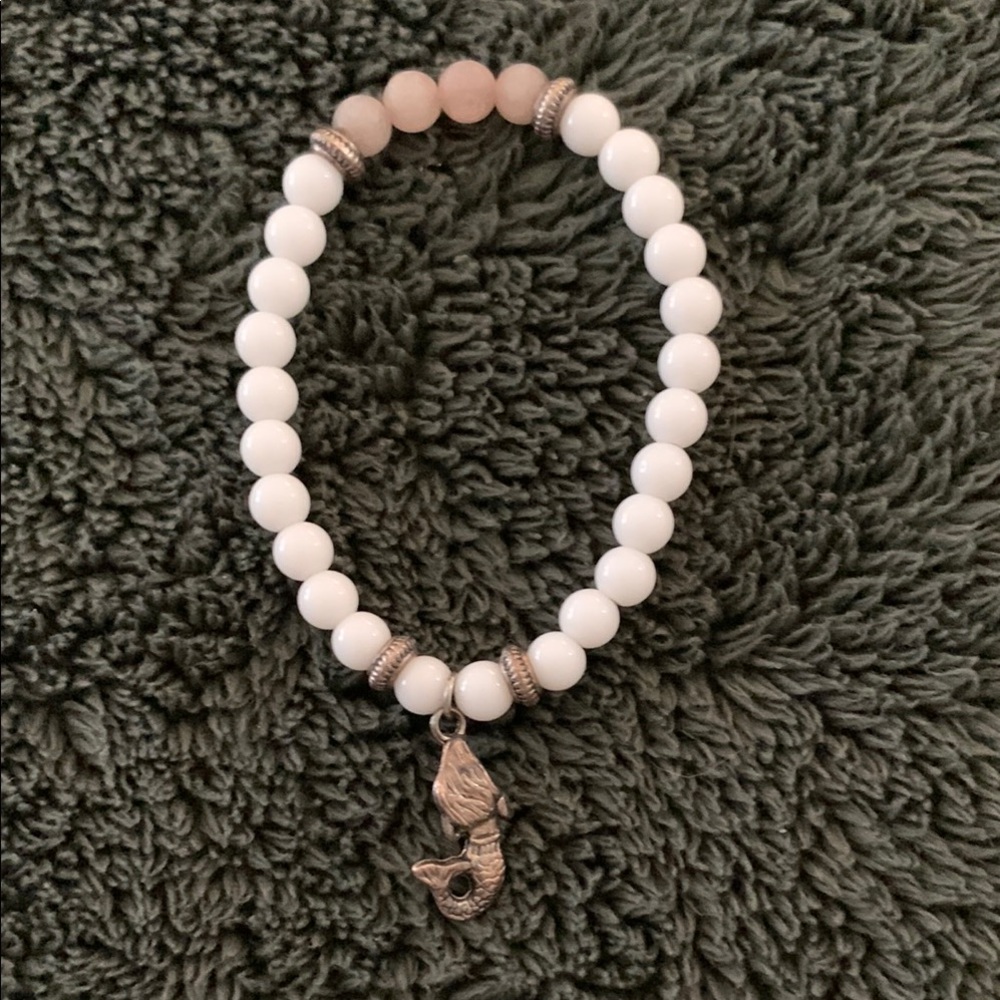 White Beaded Bracelet with Silver Mermaid Charm